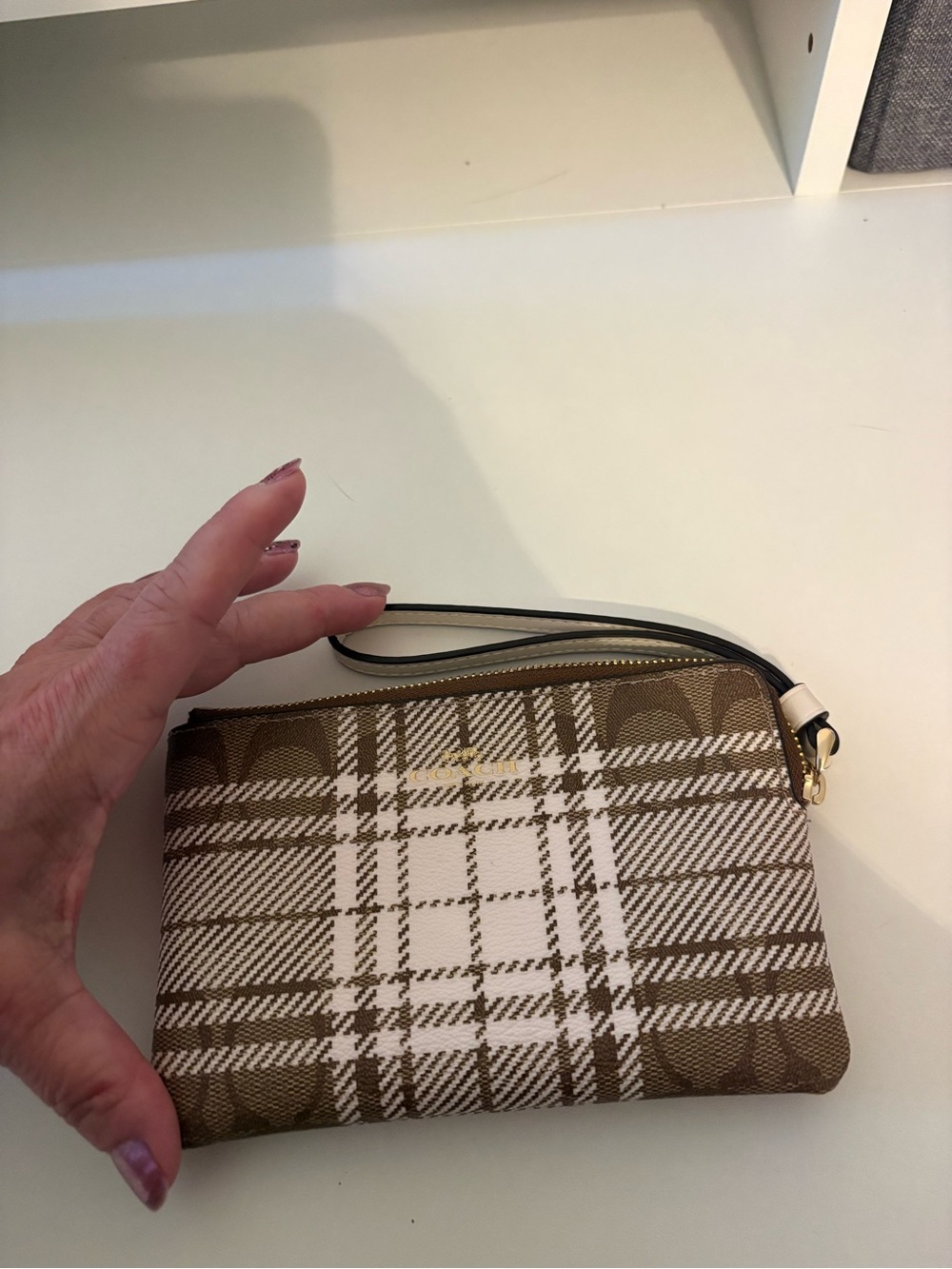 Coach Signature Plaid Wristlet Zip Pouch Brown Cream